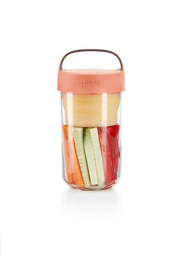 LEKUE Jar To Go 0,6 l jasnoróżowy - pojemnik na żywność plastikowy z miseczką