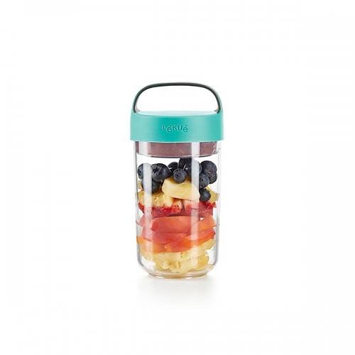 LEKUE Jar To Go 0,6 l turkusowy - pojemnik na żywność plastikowy z miseczką