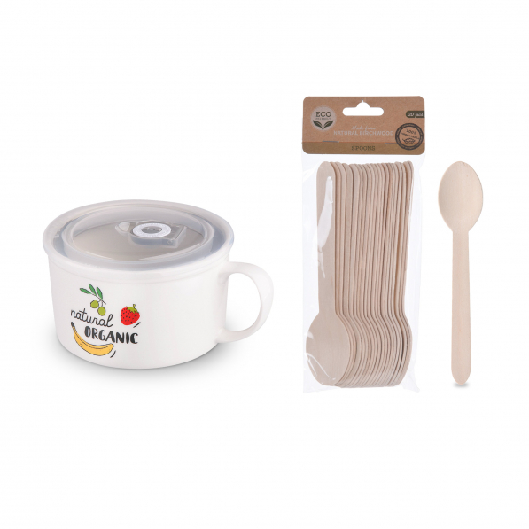 Lunch box / Pojemnik na zupę hermetyczny ceramiczny z łyżkami NATURAL ORGANIC BIAŁY 0,68 l (21 el.)