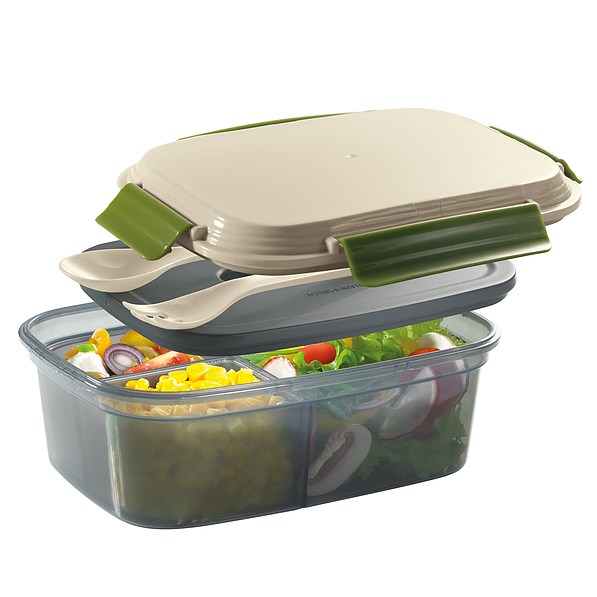 Lunch box plastikowy dwukomorowy z dwoma pojemnikami, sztućcami i wkładem chłodzącym CILIO COOL BEŻOWY 1,25 l