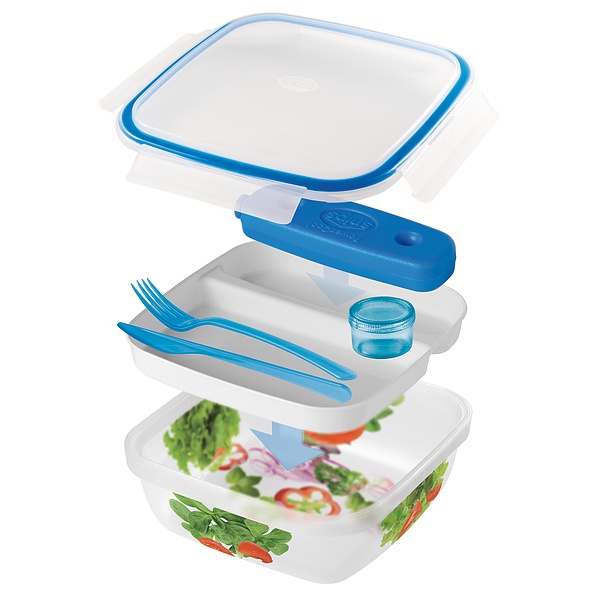 Lunch box plastikowy trzykomorowy z wkładem chłodzącym i sztućcami SNIPS TAKE AWAY 1,5 l