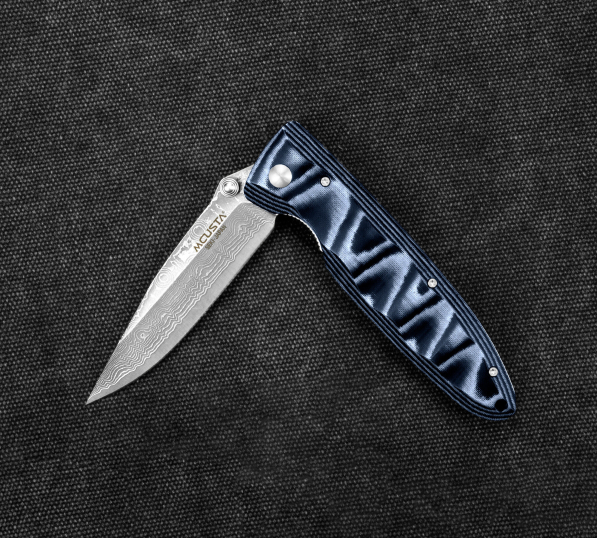 MCUSTA Classic Wave Blue Micarta Damascus 8,5 cm - japoński nóż survivalowy składany ze stali damasceńskiej