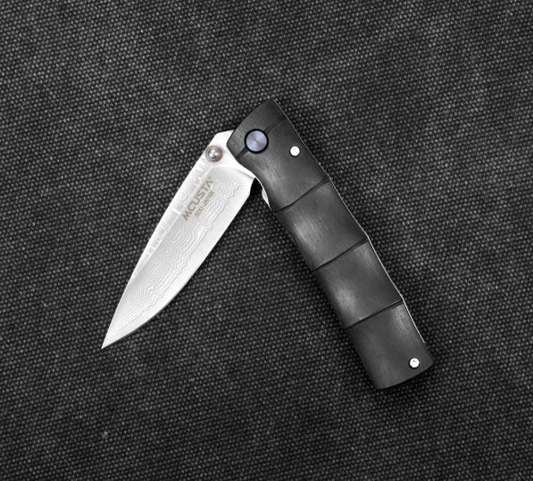 MCUSTA Shinra Emotion Black Pakka Damascus 6,5 cm - japoński nóż survivalowy składany ze stali damasceńskiej