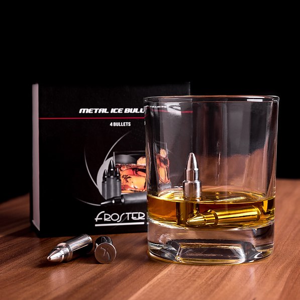Kostki do whisky i drinków wielokrotnego użytku metalowe POCISKI 4 szt.
