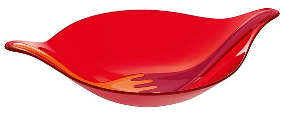 KOZIOL Leaf XL czerwona - miska / salaterka plastikowa z uchwytami i sztućcami
