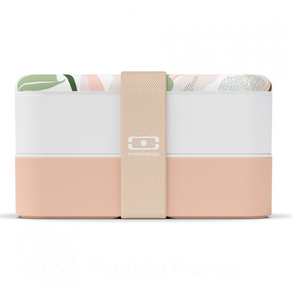 MONBENTO Bento Original Graphic Leaves 1 l kremowo - różowy - lunch box / śniadaniówka dwukomorowa plastikowa