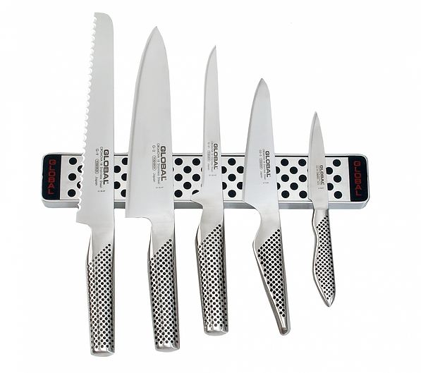 Noże kuchenne ze stali nierdzewnej z listwą magnetyczną GLOBAL MINI 5 szt.