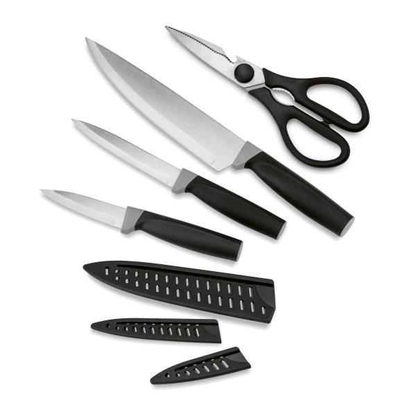 Noże kuchenne ze stali nierdzewnej z osłonkami i nożyczkami TADAR 7 el.