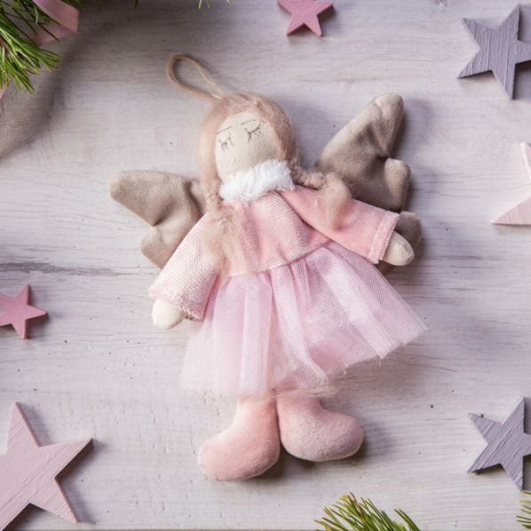 Ozdoba bożonarodzeniowa wisząca pluszowa ANIOŁEK W SPÓDNICZCE RÓŻOWY 16 cm