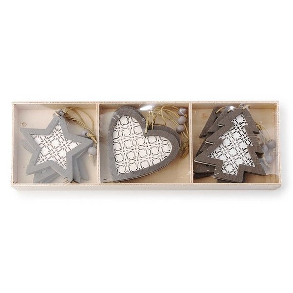 Ozdoby bożonarodzeniowe wiszące drewniane DECORATIONS SZARE 9 szt.