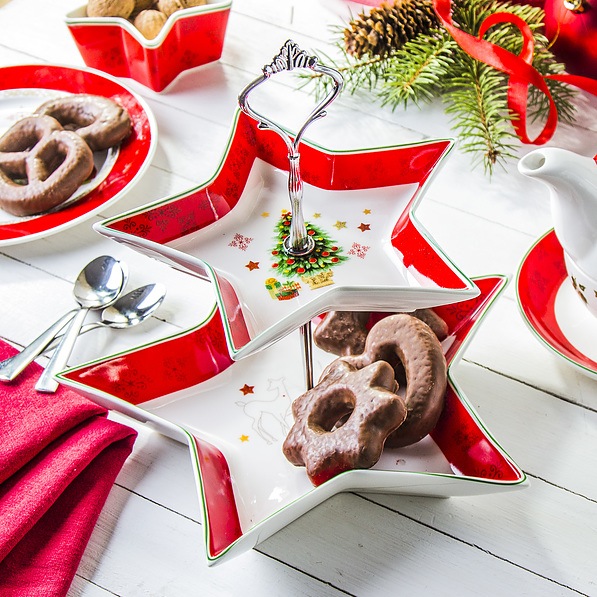 Patera stała na ciasto porcelanowa MERRY CHRISTMAS CZERWONA - stojak na owoce