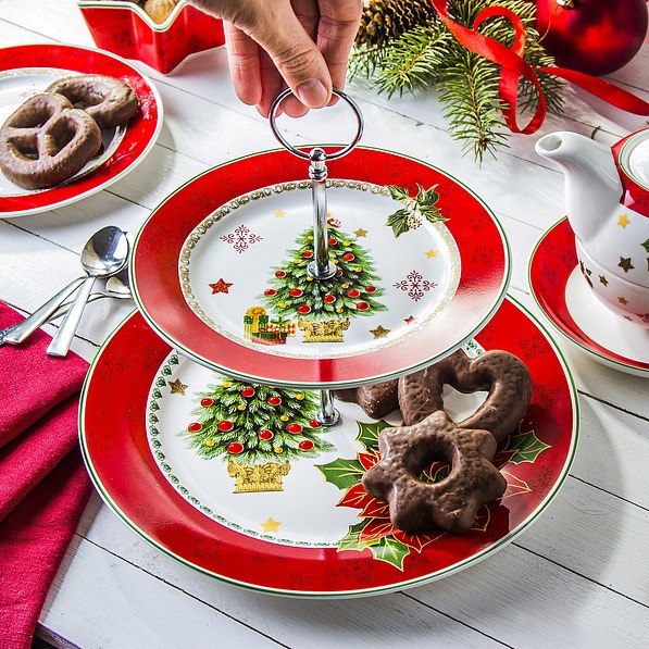 Patera stała na ciasto porcelanowa MERRY CHRISTMAS SANTA CZERWONA - stojak na owoce