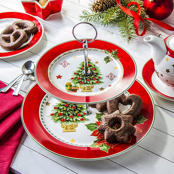 Patera stała na ciasto porcelanowa MERRY CHRISTMAS SANTA CZERWONA - stojak na owoce