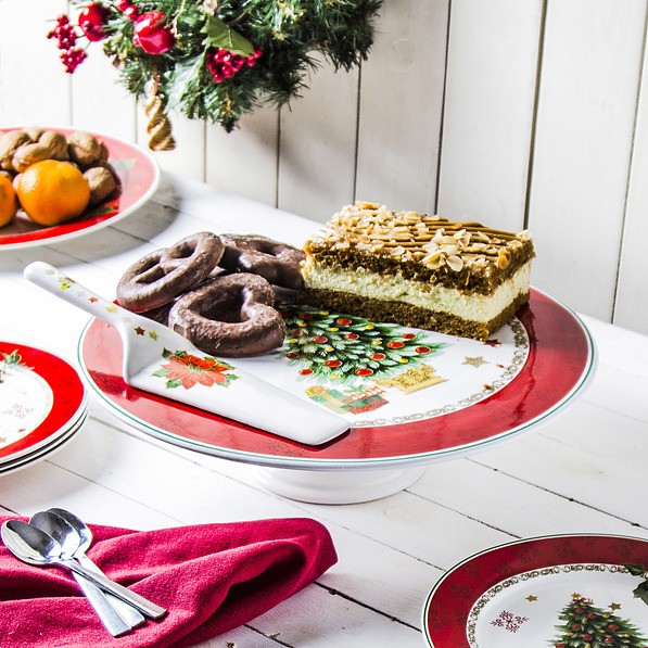 Patera stała na ciasto porcelanowa z łopatką do ciasta MERRY CHRISTMAS CHOINKA CZERWONA - stojak na tort