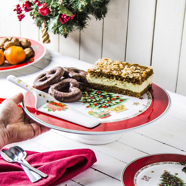 Patera stała na ciasto porcelanowa z łopatką do ciasta MERRY CHRISTMAS CHOINKA CZERWONA - stojak na tort