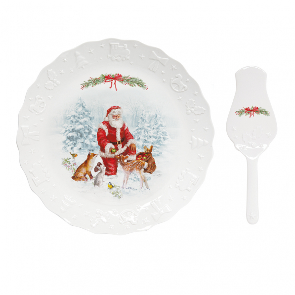 Patera stała na ciasto porcelanowa z łopatką do ciasta X-MASS SANTA BIAŁA 29,5 cm - stojak na tort 