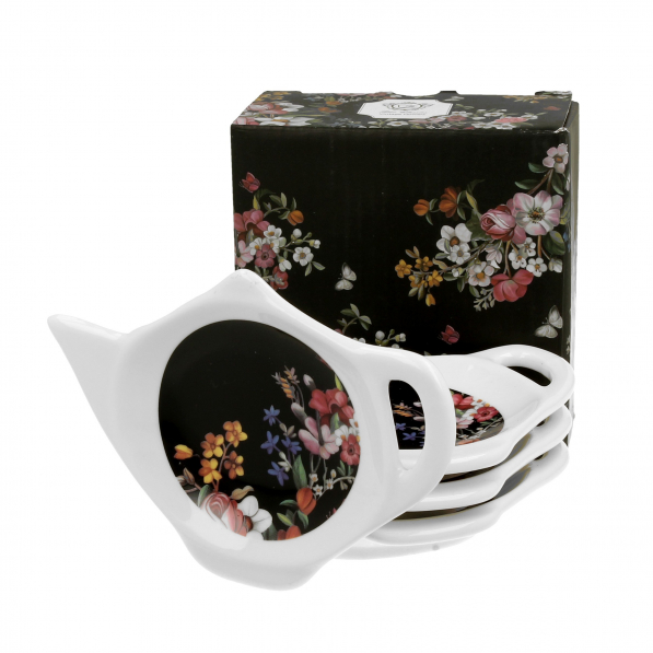 Podkładki porcelanowe na torebki od herbaty DUO VINTAGE FLOWERS BLACK 4 szt.
