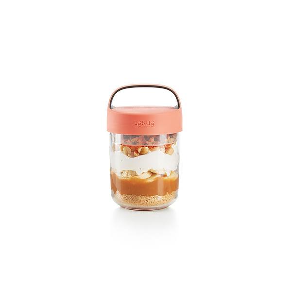  LEKUE Jar To Go 0,4 l jasnoróżowy- pojemnik na żywność plastikowy z miseczką