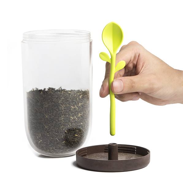 QUALY Sprout Jar brązowy - Pojemnik na herbatę lub kawę plastikowy z łyżeczką 