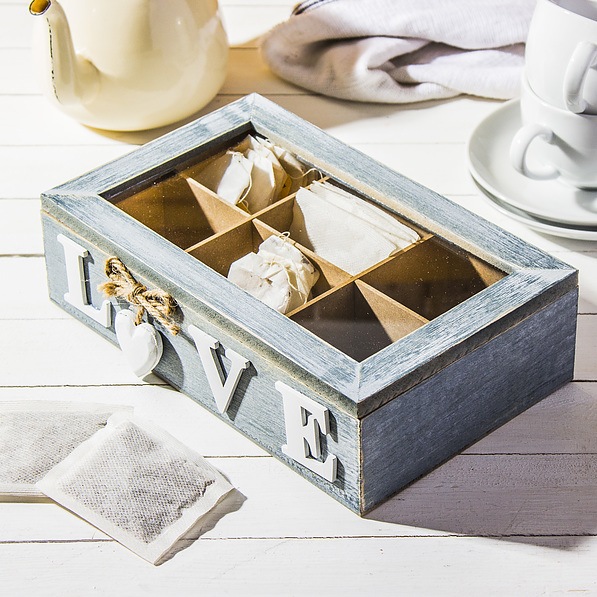 Pudełko / Skrzynka na herbatę drewniana LOVE NIEBIESKA 24 x 15 cm