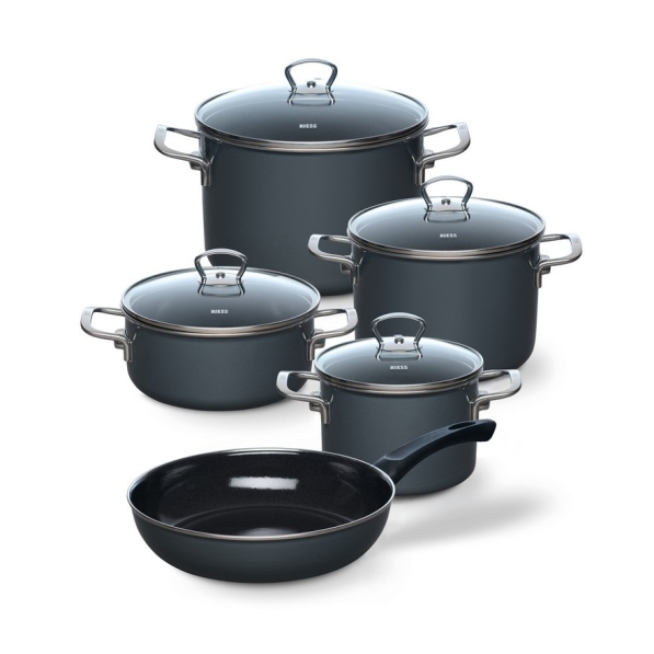 RIESS Dark Grey - zestaw 4 garnków ceramicznych z pokrywkami i patelnią
