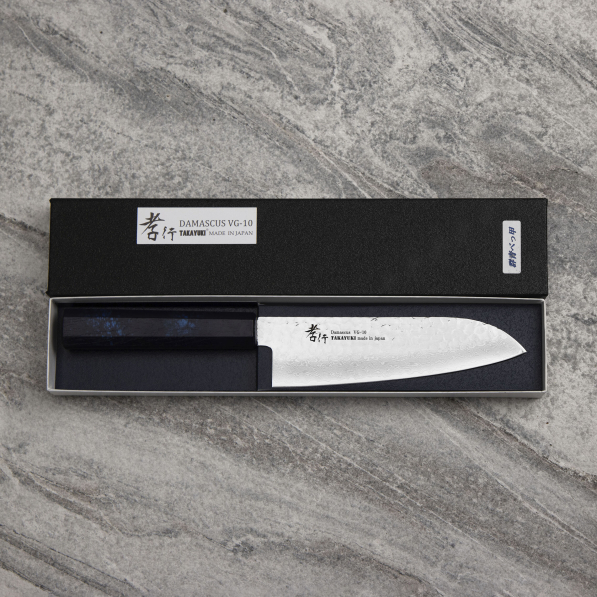 SAKAI TAKAYUKI Nanairo Blue 17 cm - nóż japoński Santoku ze stali damasceńskiej