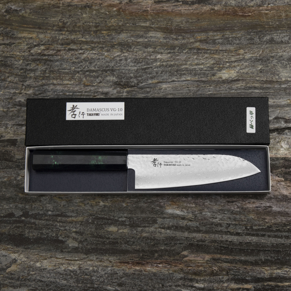 SAKAI TAKAYUKI Nanairo Green 17 cm - nóż japoński Santoku ze stali damasceńskiej