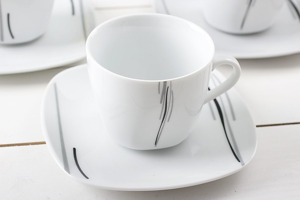 Filiżanki do kawy i herbaty porcelanowe ze spodkami KWADRAT PASKI BIAŁE 180 ml 6 szt.