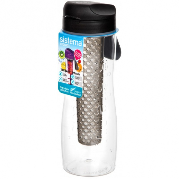 SISTEMA Hydrate Infuser Bottle 0,8 l czarna - butelka na wodę i napoje tritanowa z wkładem na owoce i lód