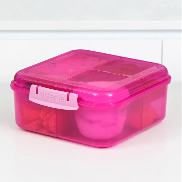 SISTEMA Lunch Bento Cube 1,25 l - lunch box / śniadaniówka trzykomorowa z pojemnikiem na sos