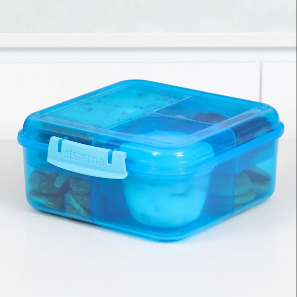 SISTEMA Lunch Bento Cube 1,25 l - lunch box / śniadaniówka trzykomorowa z pojemnikiem na sos