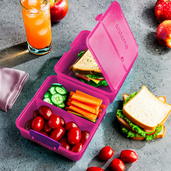 SISTEMA Lunch Cube 1,4 l różowy - lunch box / śniadaniówka trzykomorowa plastikowa