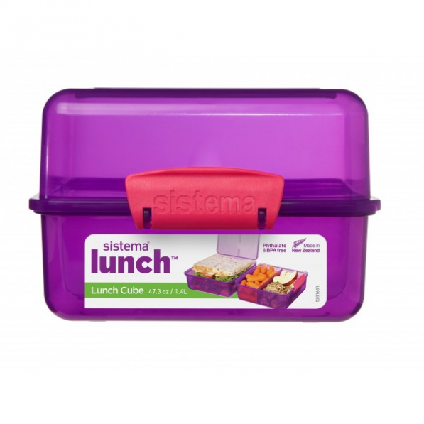 SISTEMA Lunch Cube 1,4 l fioletowy - lunch box / śniadaniówka trzykomorowa plastikowa