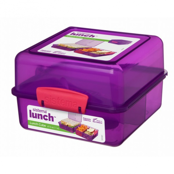 SISTEMA Lunch Cube 1,4 l fioletowy - lunch box / śniadaniówka trzykomorowa plastikowa