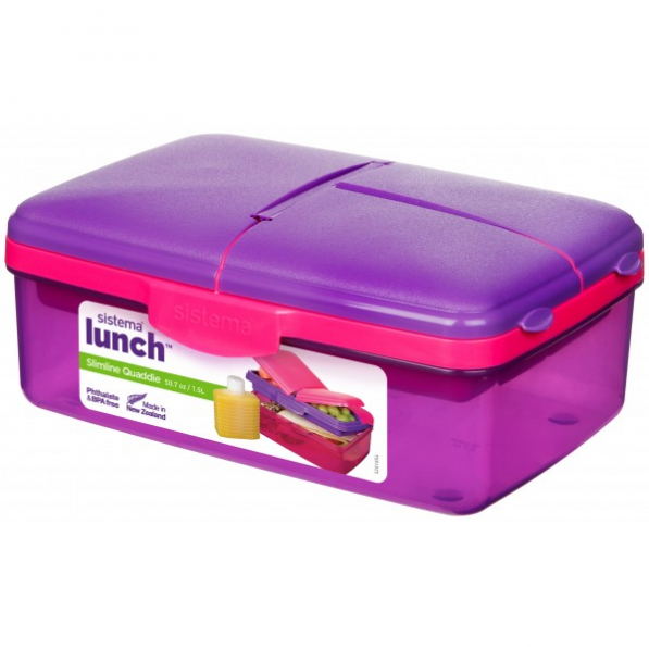 SISTEMA Lunch Slimline Quaddie 1,5 l fioletowy - lunch box / śniadaniówka plastikowa trzykomorowa z butelką