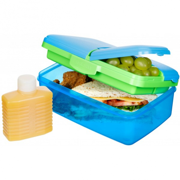 SISTEMA Lunch Slimline Quaddie 1,5 l niebieski - lunch box / śniadaniówka plastikowa trzykomorowa z butelką
