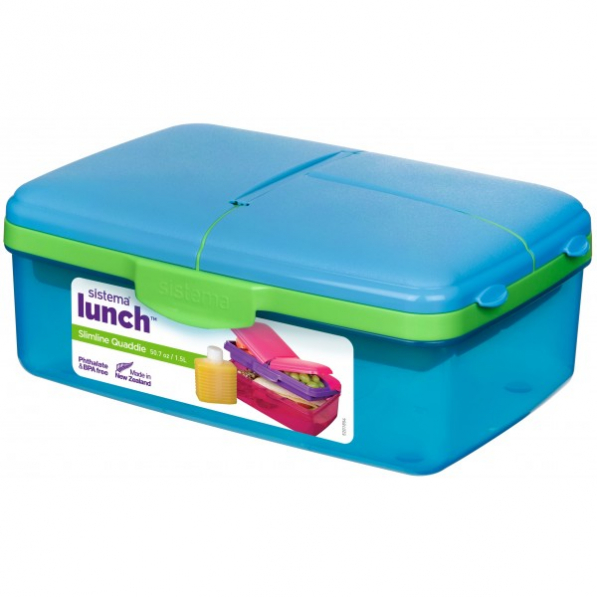 SISTEMA Lunch Slimline Quaddie 1,5 l niebieski - lunch box / śniadaniówka plastikowa trzykomorowa z butelką