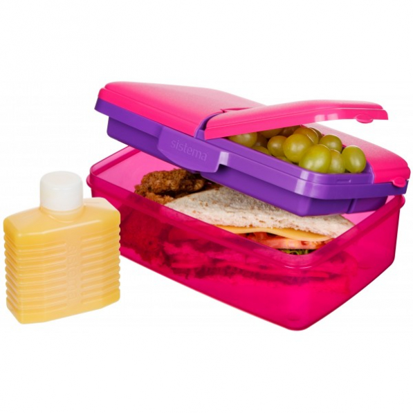 SISTEMA Lunch Slimline Quaddie 1,5 l różowy - lunch box / śniadaniówka plastikowa trzykomorowa z butelką