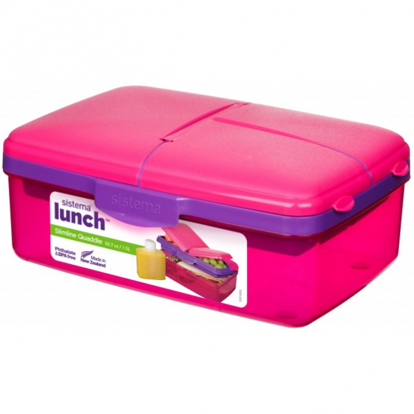 SISTEMA Lunch Slimline Quaddie 1,5 l różowy - lunch box / śniadaniówka plastikowa trzykomorowa z butelką