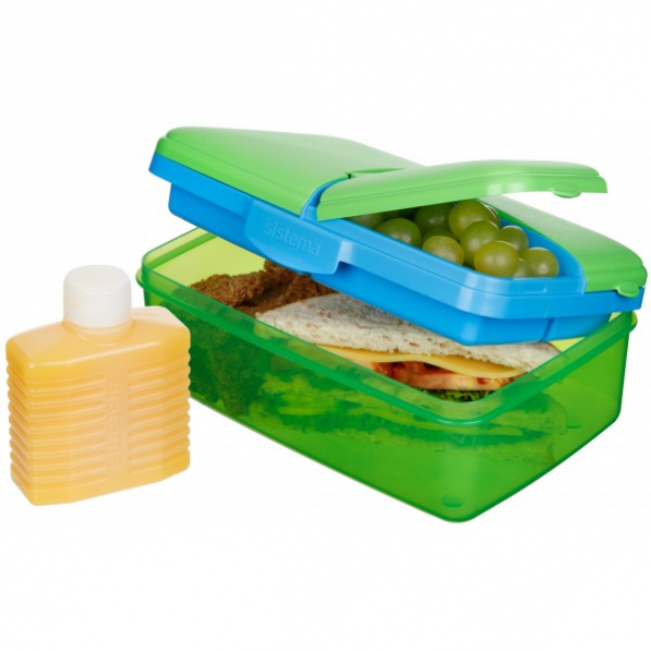 SISTEMA Lunch Slimline Quaddie 1,5 l zielony - lunch box / śniadaniówka plastikowa trzykomorowa z butelką