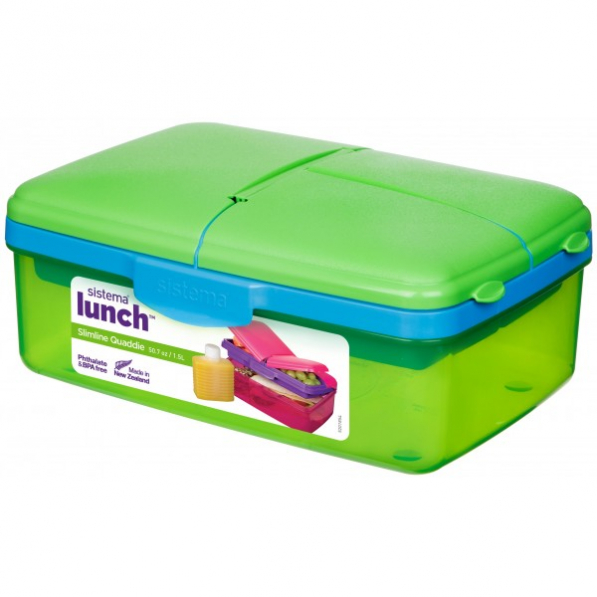 SISTEMA Lunch Slimline Quaddie 1,5 l zielony - lunch box / śniadaniówka plastikowa trzykomorowa z butelką
