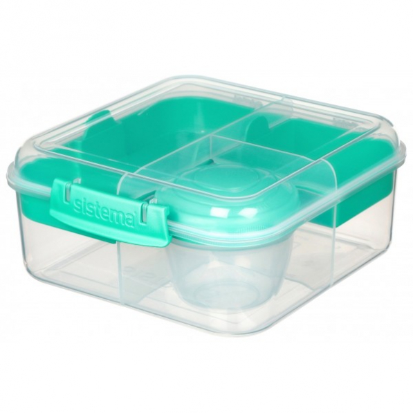 SISTEMA To Go Bento Cube 1,25 l - lunch box / śniadaniówka plastikowa trzykomorowa z pojemnikiem na sos