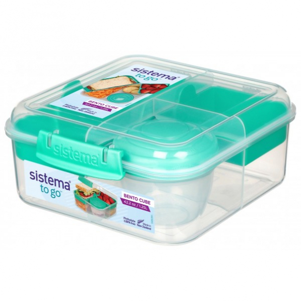 SISTEMA To Go Bento Cube 1,25 l - lunch box / śniadaniówka plastikowa trzykomorowa z pojemnikiem na sos