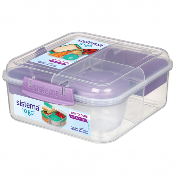 SISTEMA To Go Bento Cube 1,25 l - lunch box / śniadaniówka plastikowa trzykomorowa z pojemnikiem na sos