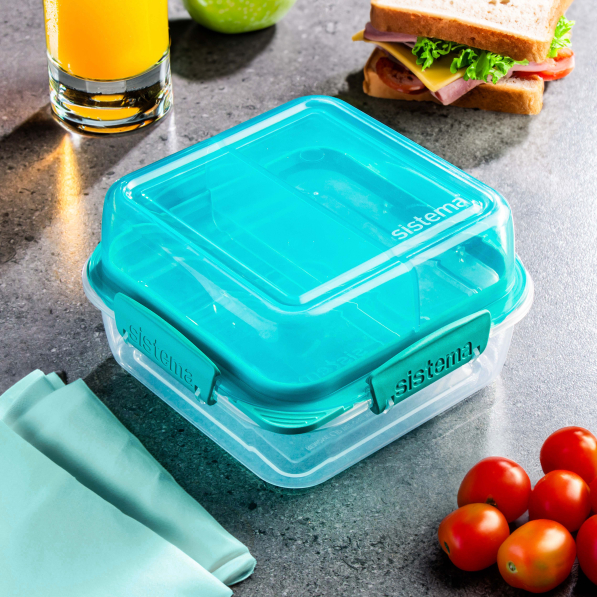 SISTEMA To Go LunchStack Square 1,24 l turkusowy - lunch box / śniadaniówka plastikowa trzykomorowa
