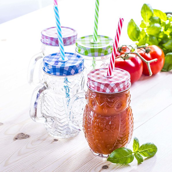 Słoik do koktajli i smoothie szklany z uchem i słomką DRINK JAR SOWA CZERWONY 0,45 l