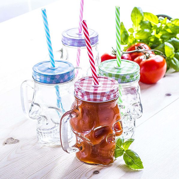 Słoik do koktajli i smoothie szklany z uchem i słomką DRINK JAR CZASZKA CZERWONY 350 ml