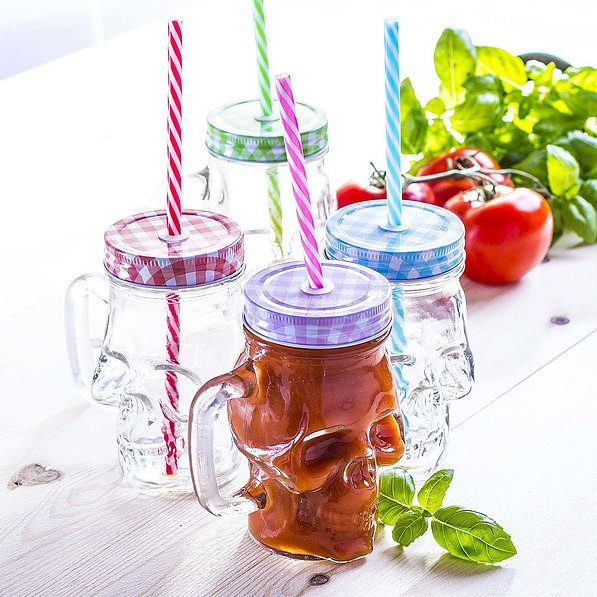 Słoik do koktajli i smoothie szklany z uchem i słomką DRINK JAR CZASZKA RÓŻOWY 350 ml