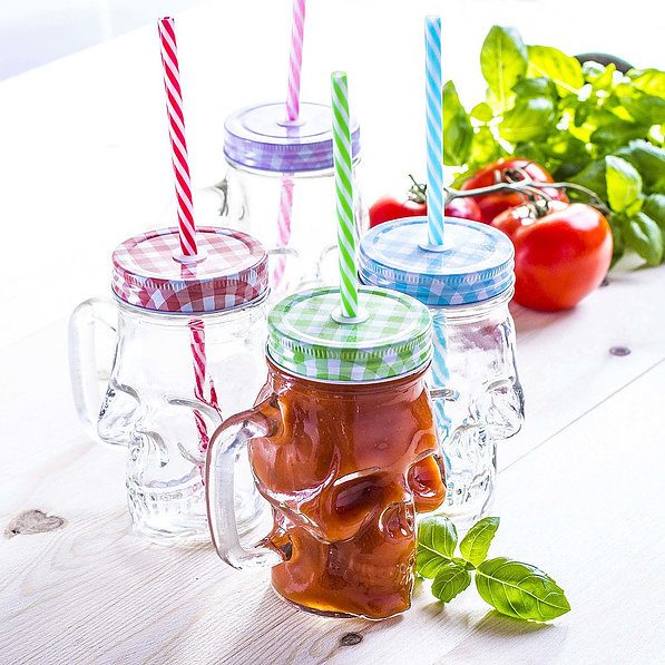 Słoik do koktajli i smoothie szklany z uchem i słomką DRINK JAR CZASZKA ZIELONY 350 ml