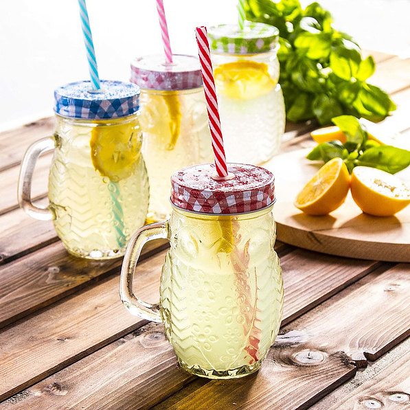 Słoik do koktajli i smoothie szklany z uchem i słomką DRINK JAR SOWA CZERWONY 0,45 l